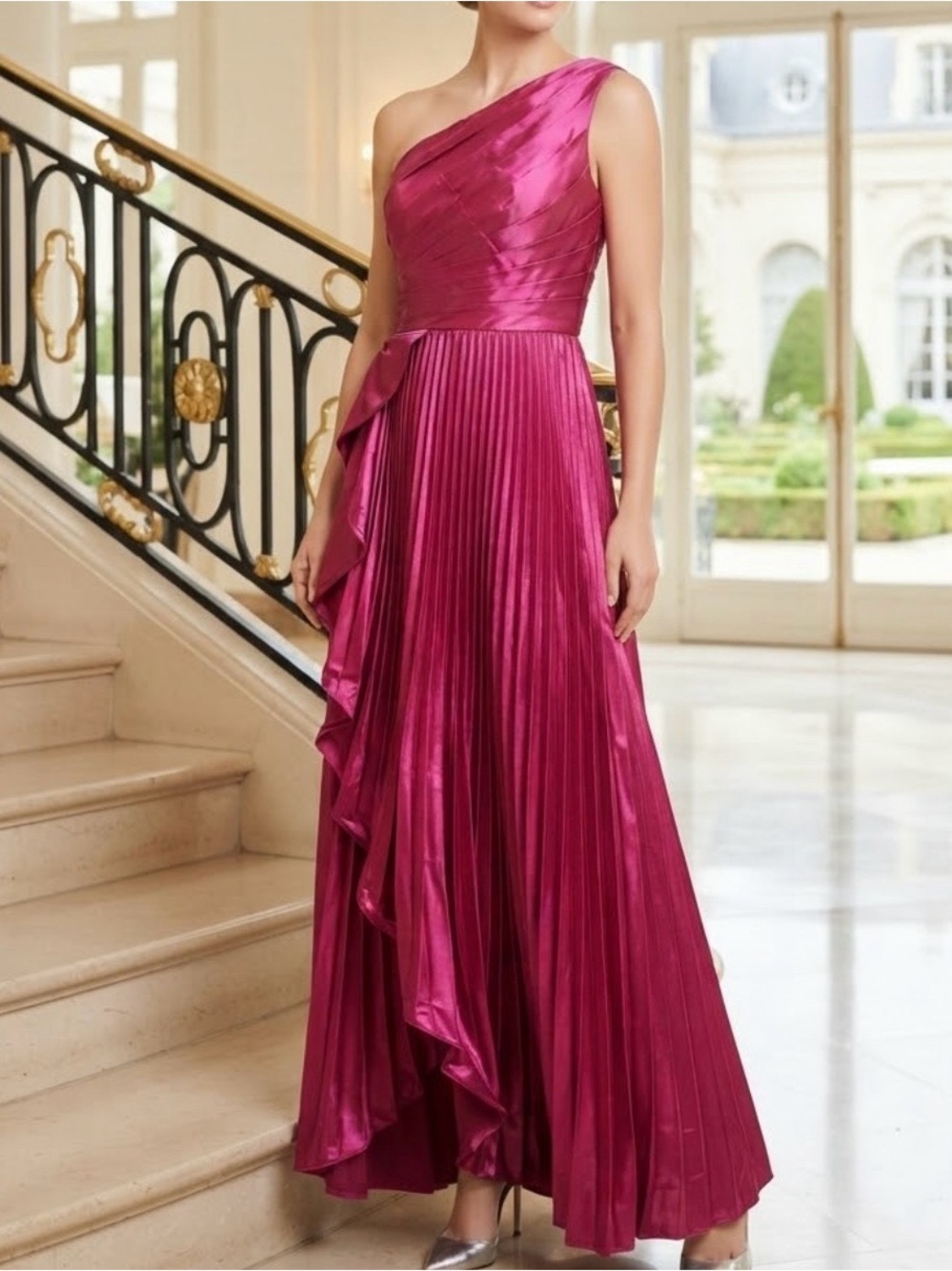 One-Shoulder Magenta Pleated Evening Gown